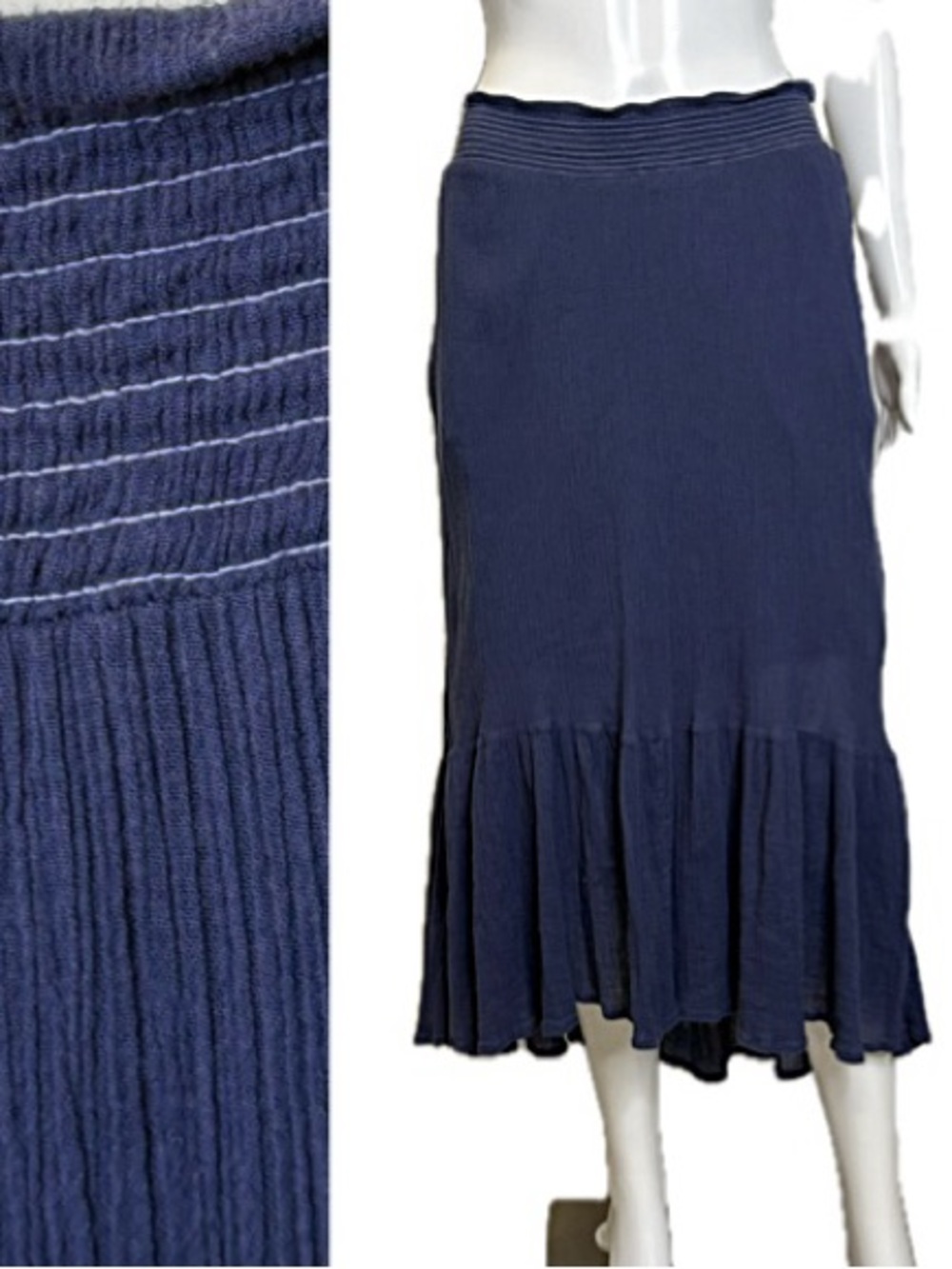 Edme & Esyllte Crinkled Tiered Ruffle Pull On Midi Skirt Size M Navy High Low